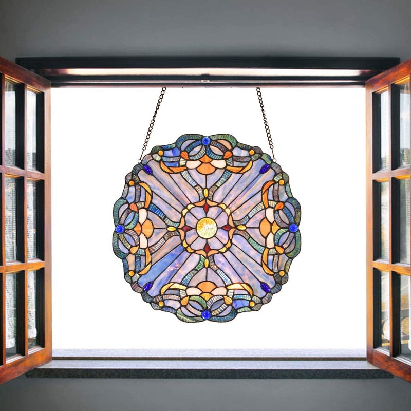 Bieye W10069 Baroque Tiffany Style Stained Glass Window Panel, Round Shape, 16 inches Wide - Image 4